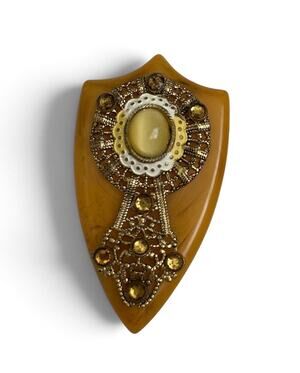 1930s Art Deco Tested Bakelite Dress Clip, Butterscotch Shield Filigree clip